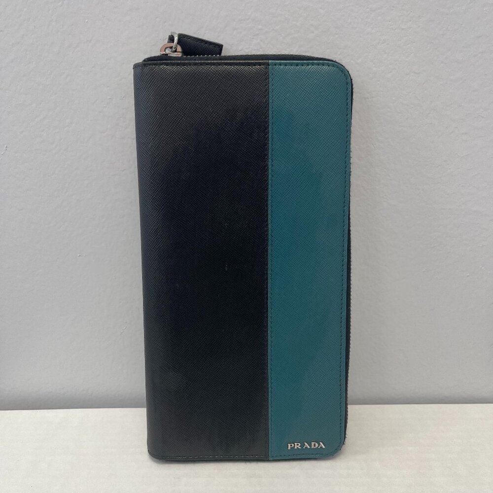 Prada Saffiano Leather Organizer Zippy Wallet in Black and Turquoise - Preowned